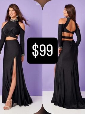 Black Cold-Shoulder Evening Gown with Embellished Neckline